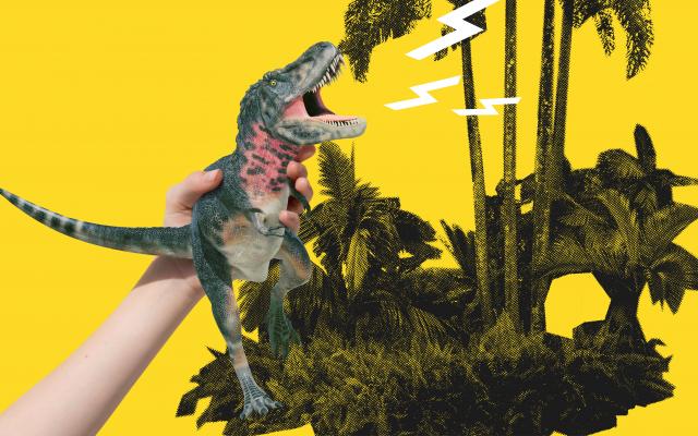 Ausstellung T. rex Plakat, brüllender T.rex Figur in Hand